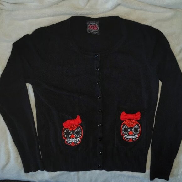 Too Fast sugar skull pocket button cardigan dia de los muertos goth punk retro - Picture 1 of 5